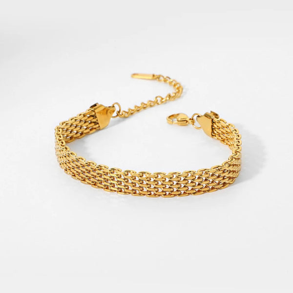 18K Gold Plated Flat Chain Bracelet – Vintage Stainless Steel Mesh Jewelry for Women