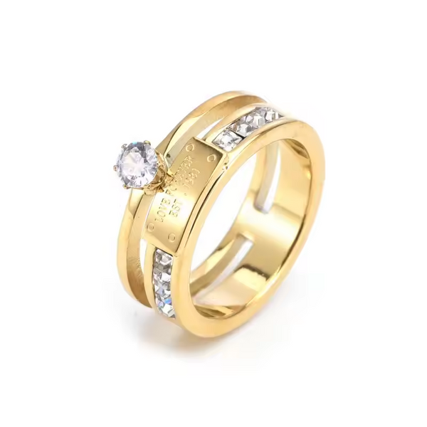 Luxury Gold-Plated Stainless Steel Ring with Crystal Accents – Elegant Statement Jewelry