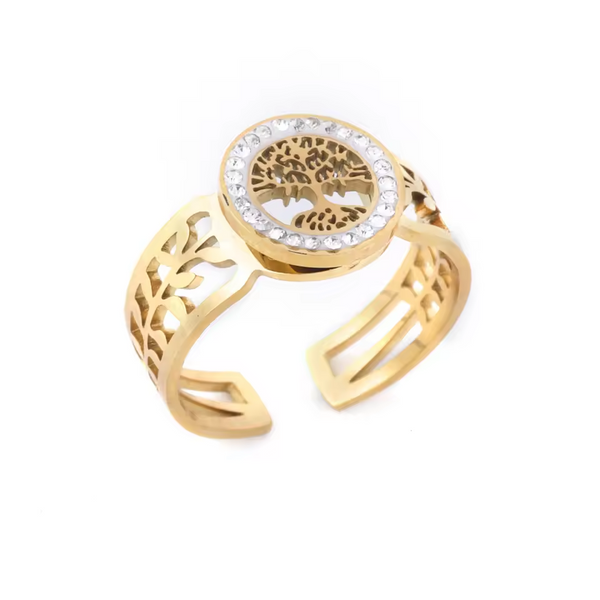 Tree of Life Ring with Crystals – Stainless Steel | Gold & Silver Finish | Elegant & Symbolic Jewelry