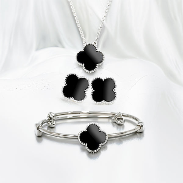 Luxury Clover Jewelry Set for Women – Silver Plated Necklace, Earrings & Bracelet | Elegant Black Stone Design