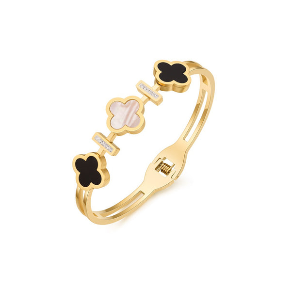 Gold C-Shaped Open Bracelet – High-End Stainless Steel Bangle with Stone Detailing